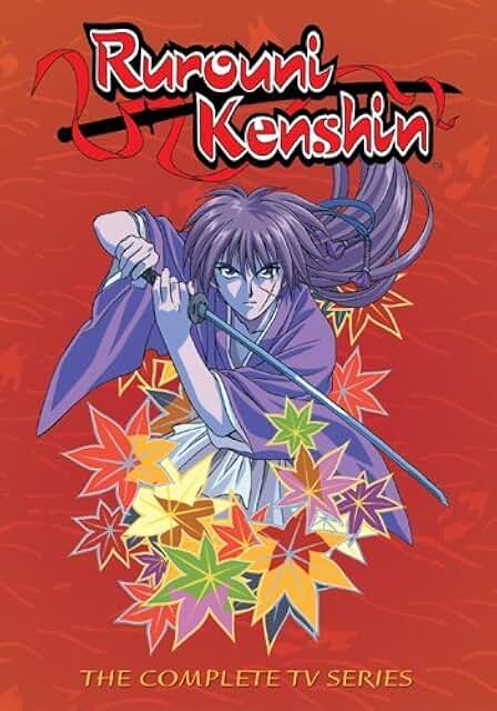 Cover of 'Rurouni Kenshin' with a character holding a sword on a red background with colorful leaves.