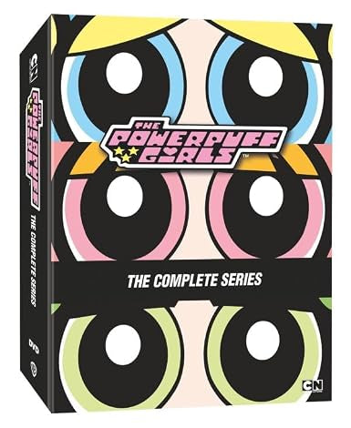 DVD box set for 'The Powerpuff Girls' with colorful eye pattern design.